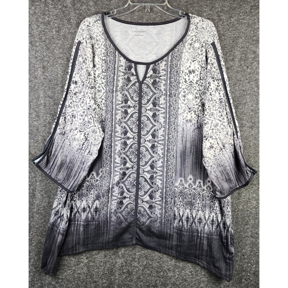 Catherines Tunic Womens 2X Paisley Sharkbite Black White Gray Rhinestone EUC